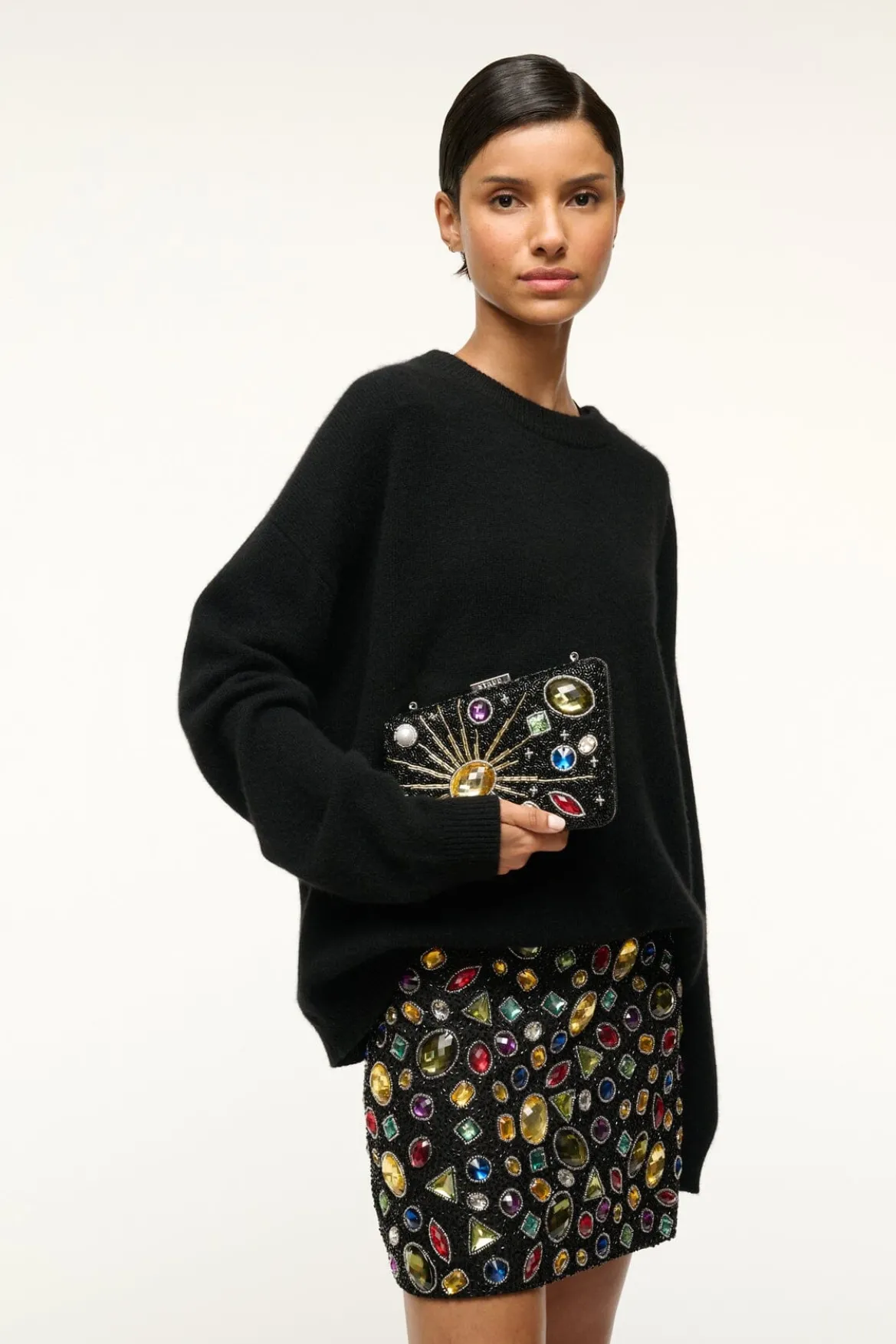 STAUD CARMELLA BEADED CLUTCH BLACK CELESTIAL